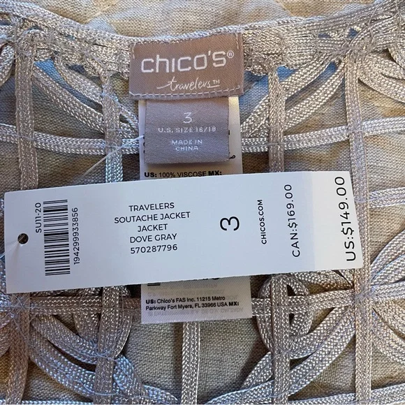 NWT Chico’s Dove Gray Travelers Soutache Jacket Size 3 (16/18) - Picture 10 of 13